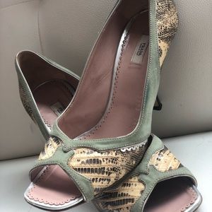 Vintage Snakeskin Prada Peek-Toe Pumps with Teal Suede Detailing